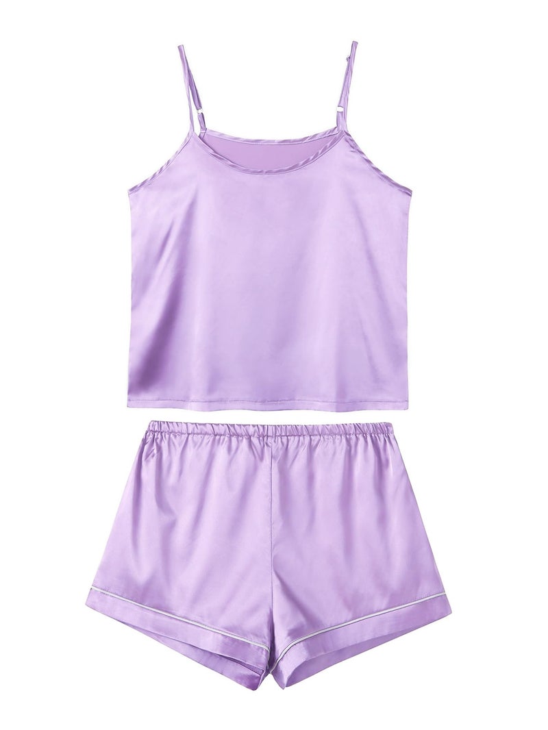 LYANER Women's Pajamas Set 7pcs Silk Satin Sleepwear Loungewear Cami Shirt Pj Set Purple Medium - Image 3